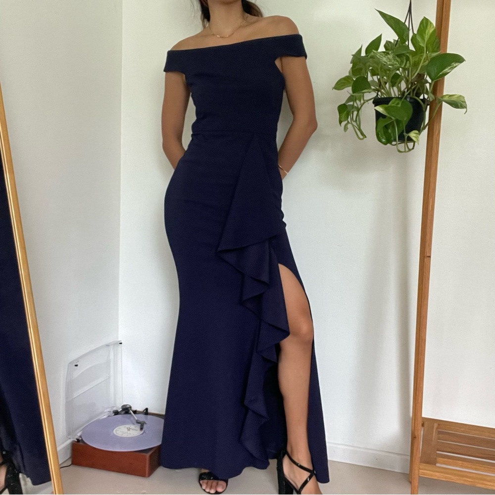 Lulu’s Off The Shoulder Maxi Dress with Side Slit and Ruffle Detail